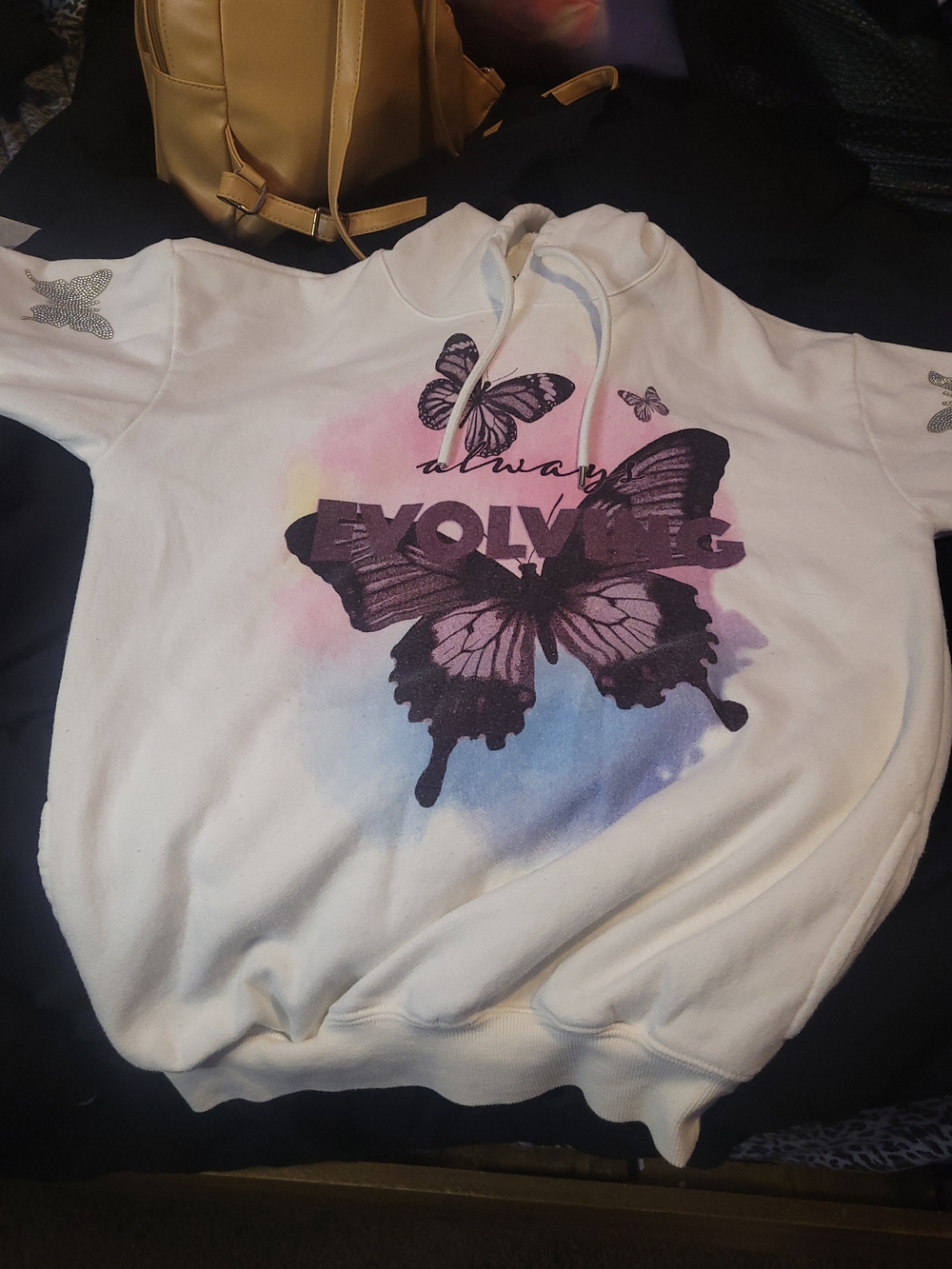 White Hoodie with Pink & Purple Butterfly Graphic - Always Evolving SIZE XXS